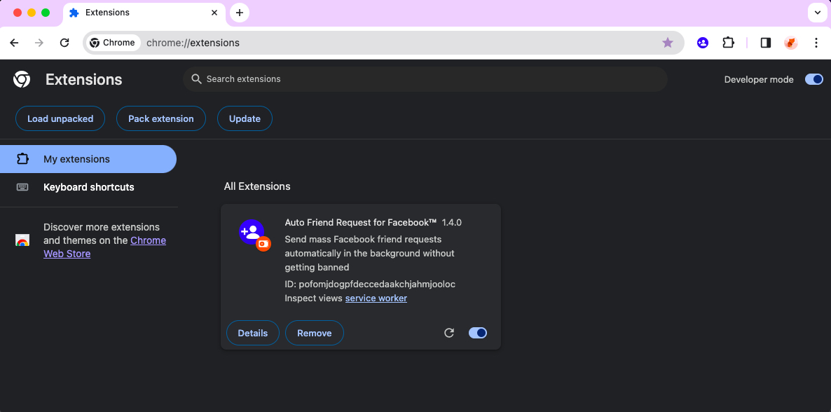 Auto Friend Request Sender chrome extension install done
