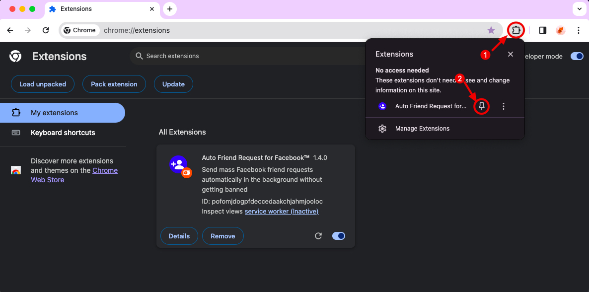 Auto Friend Request Sender chrome extension install pin